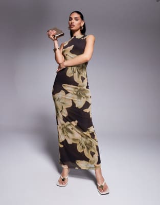 Asos Design Oversized Floral Printed Mesh Slash Neck Maxi Dress In Brown