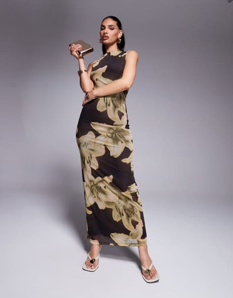 ASOS DESIGN oversized floral printed mesh slash neck maxi dress in brown - view 1