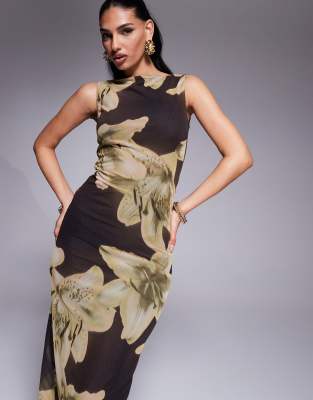 Asos Design Oversized Floral Printed Mesh Slash Neck Maxi Dress In Brown