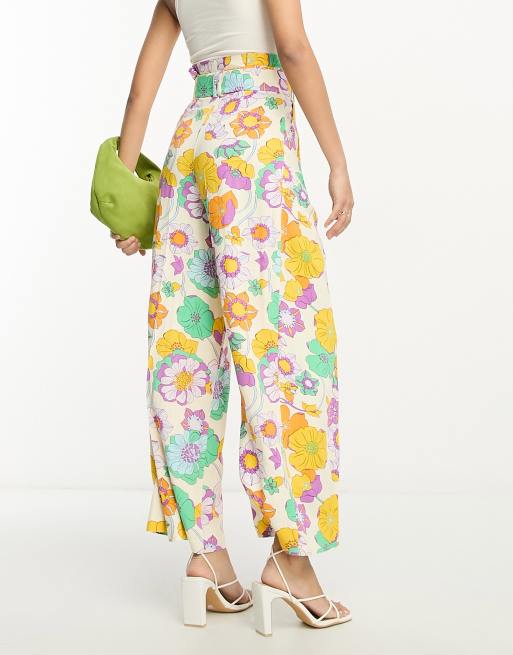 ASOS DESIGN oversized floral printed paperbag waist wide leg trouser with  linen in multi