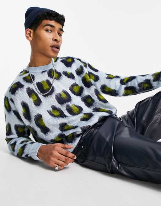 ASOS DESIGN oversized fluffy knit jumper with leopard pattern in blue
