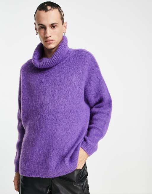 Asos Design Oversized Fluffy Knit Roll Neck Sweater In Purple Asos 8446