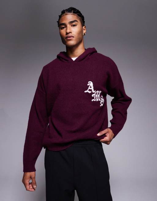 ASOS DESIGN oversized fluffy knitted hoodie in brown with gothic print detail