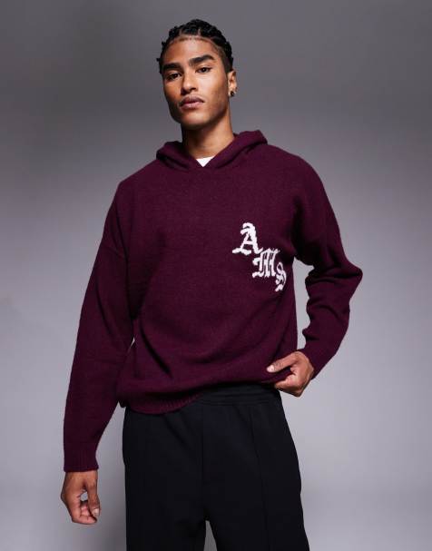 ASOS DESIGN oversized fluffy knitted hoodie with gothic print in brown