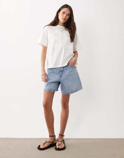 ASOS DESIGN oversized football T-shirt with raised 86 varsity graphic in cream , 2 of 4
