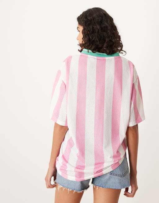 ASOS DESIGN oversized football T-shirt with seville graphic in pink and green