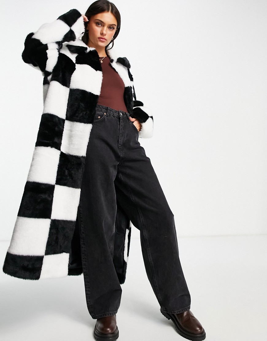 ASOS DESIGN - Oversized frakke i sort/hvid, imiteret pels-Multifarvet
