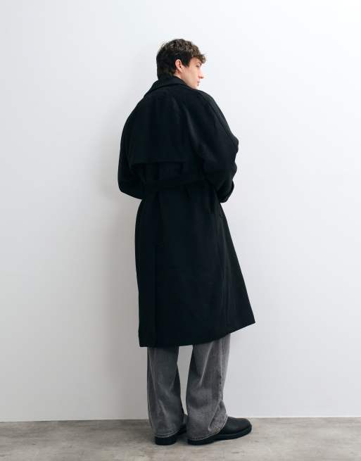 ASOS DESIGN oversized frakke med uldlook og bælte i sort, 5 af 5