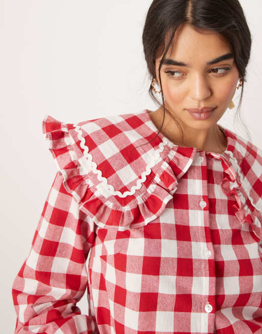 ASOS DESIGN oversized frill collar blouse in red gingham