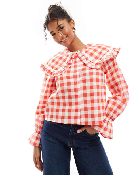 ASOS DESIGN oversized frill collar blouse in red gingham - view 1