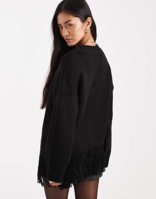 ASOS DESIGN oversized fringed sweater in black, 4 of 4