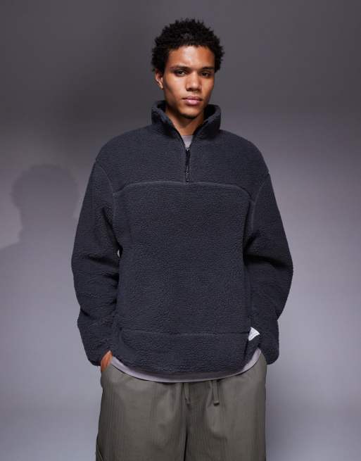 ASOS DESIGN oversized funnel neck borg sweatshirt in gray