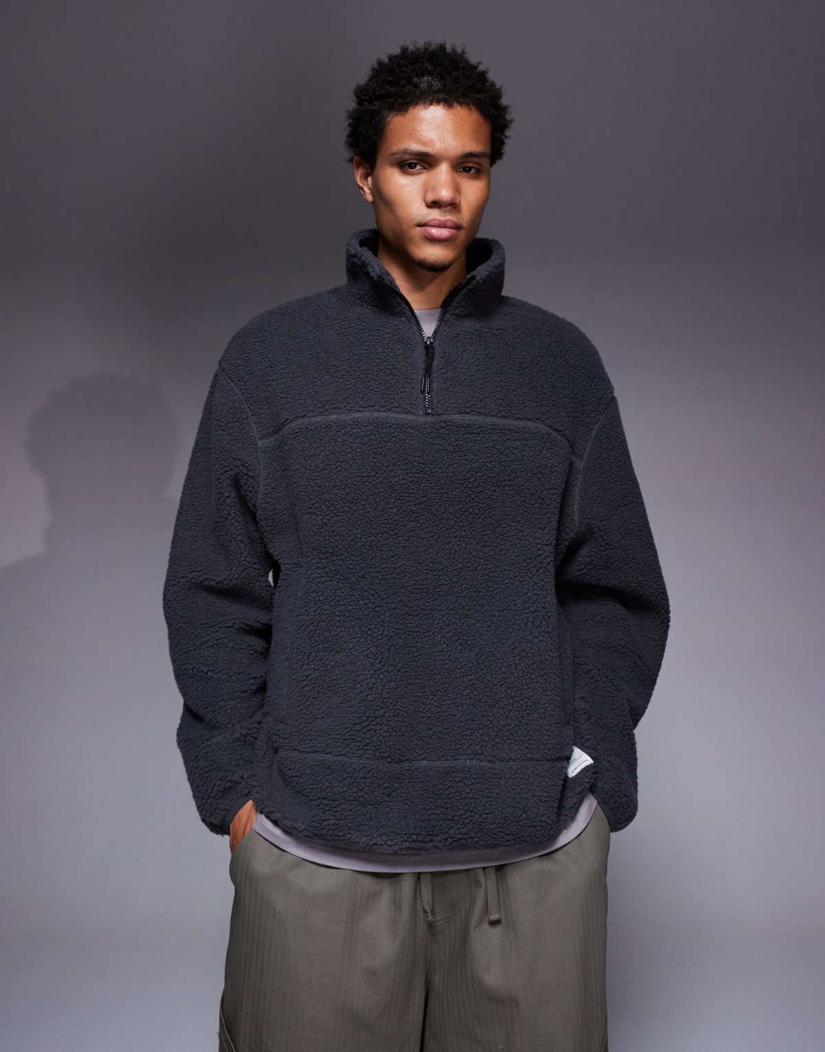ASOS DESIGN oversized funnel neck borg sweatshirt in grey