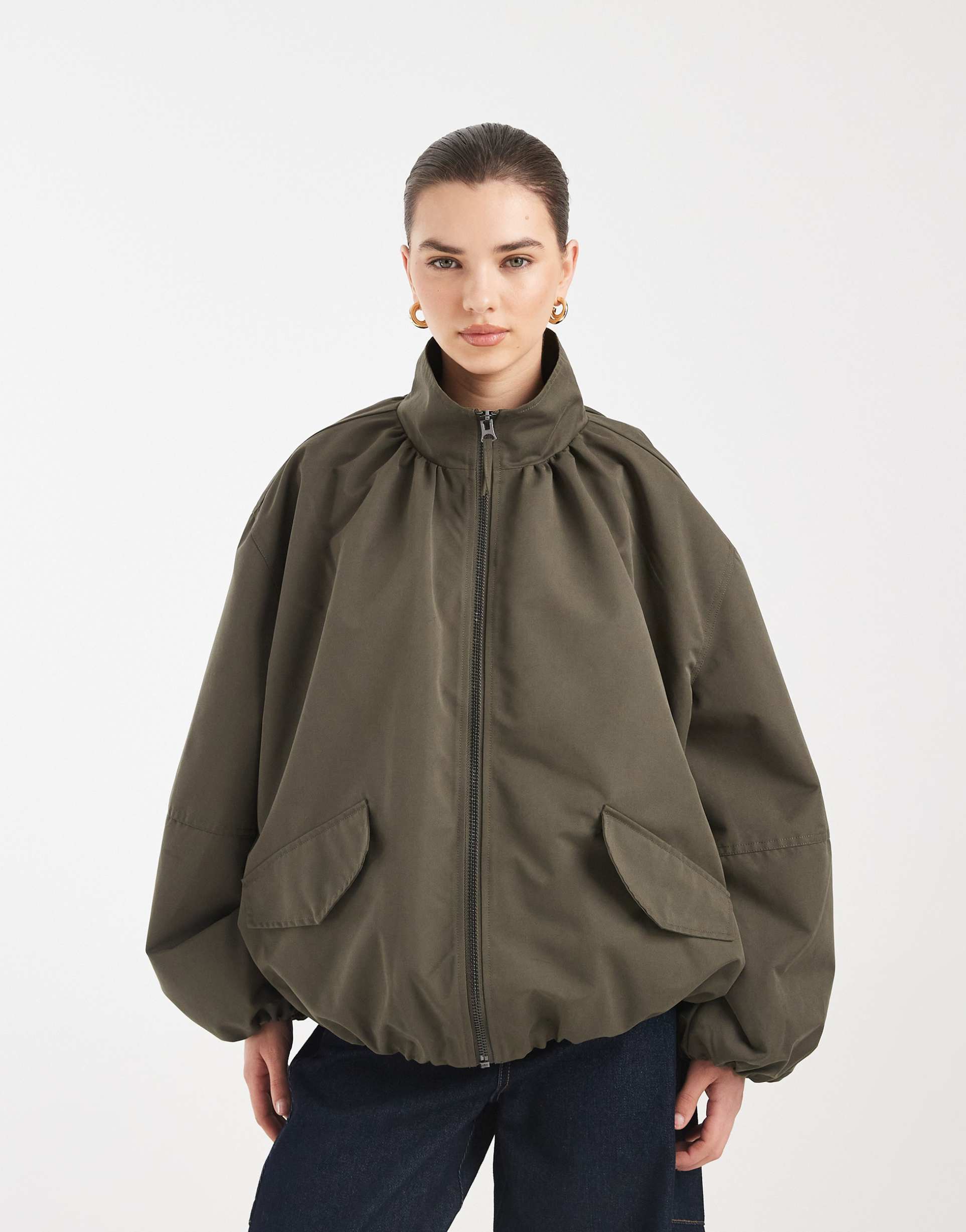 asos design oversized funnel neck bubble hem bomber jacket in khaki taupe