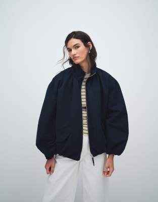 Asos Design Oversized Funnel Neck Bubble Hem Bomber Jacket In Blue