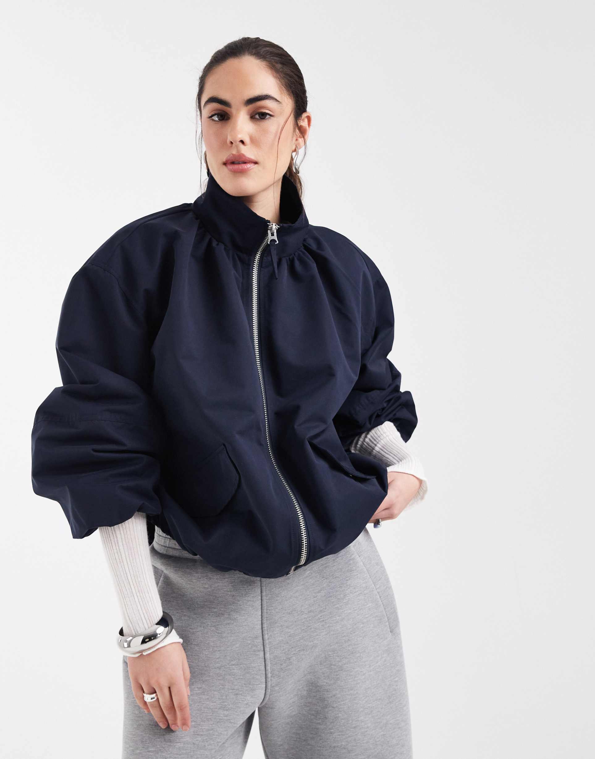 asos design oversized funnel neck bubble hem bomber jacket in navy