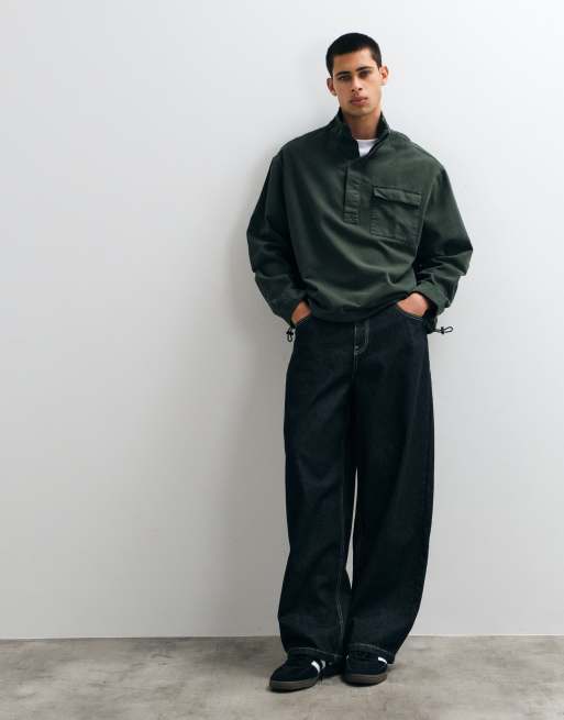 ASOS DESIGN oversized funnel neck cotton twill shirt in dark green, 3 of 5