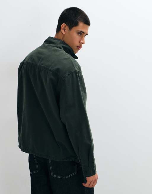 ASOS DESIGN oversized funnel neck cotton twill shirt in dark green, 5 of 5