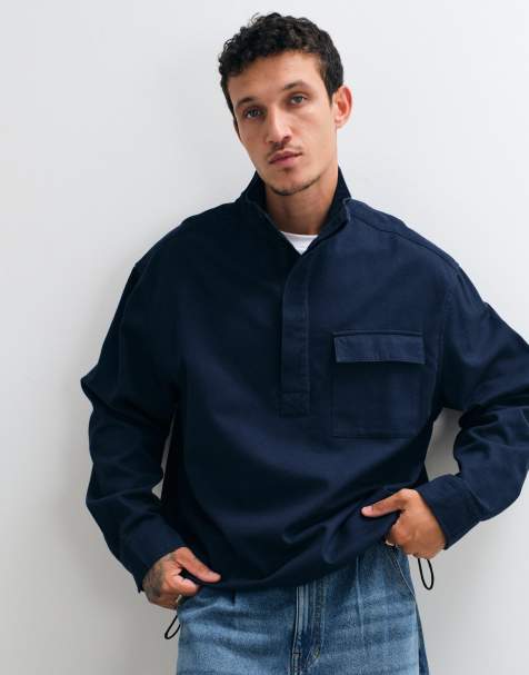 ASOS DESIGN oversized funnel neck cotton twill shirt in navy - view 1