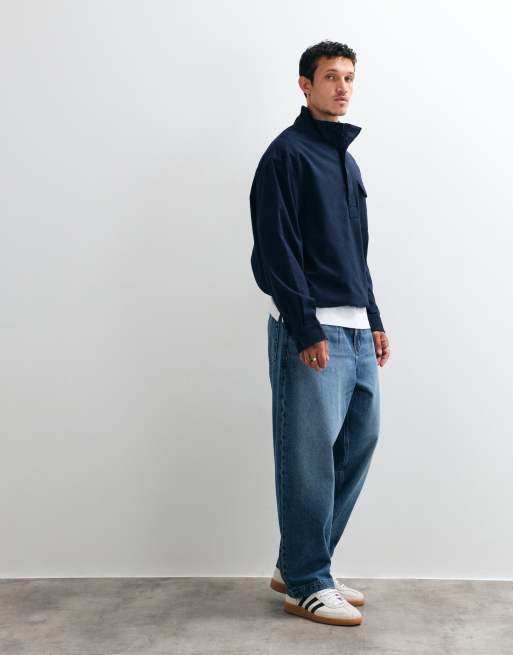 ASOS DESIGN oversized funnel neck cotton twill shirt in navy, 3 of 5