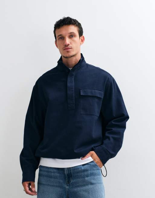 ASOS DESIGN oversized funnel neck cotton twill shirt in navy, 5 of 5