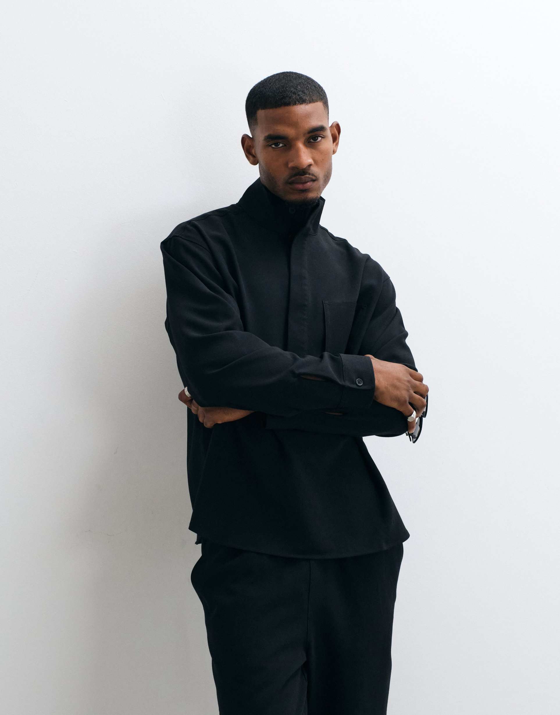 ASOS DESIGN oversized funnel neck dress shirt in black