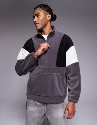 Asos Design Oversized Funnel Neck Fleece Sweatshirt With Color Block In Gray