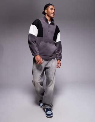 Asos Design Oversized Funnel Neck Fleece Sweatshirt With Color Block In Gray