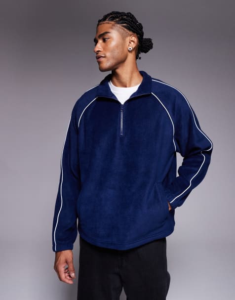 ASOS DESIGN oversized funnel neck fleece sweatshirt with piping in blue - view 1