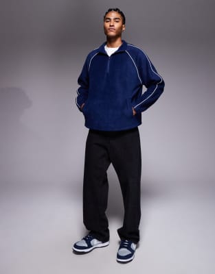 Asos Design Oversized Funnel Neck Fleece Sweatshirt With Piping In Blue