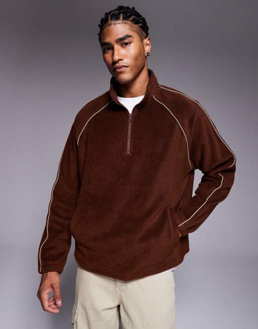 ASOS DESIGN oversized funnel neck fleece sweatshirt with piping in brown