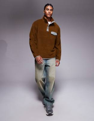 Asos Design Oversized Funnel Neck Fleece Sweatshirt With Quarter Snap In Brown