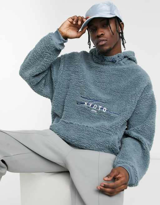 ASOS DESIGN oversized funnel neck hoodie in rusty metal gray teddy borg with Kyoto embroidery