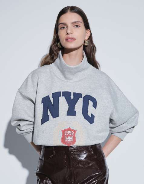ASOS DESIGN oversized funnel neck NYC varsity sweatshirt in grey marl - view 1