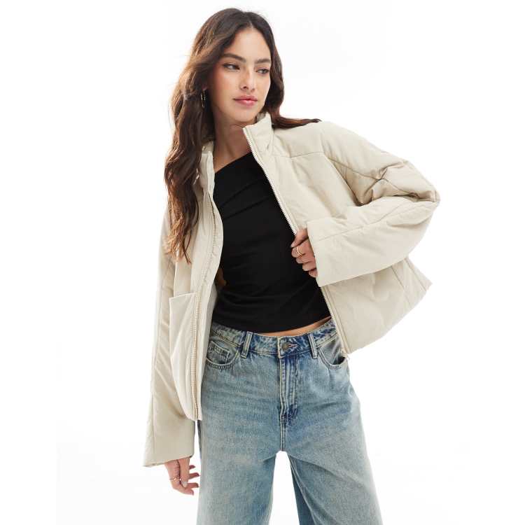 ASOS DESIGN oversized funnel neck puffer jacket in cream ASOS