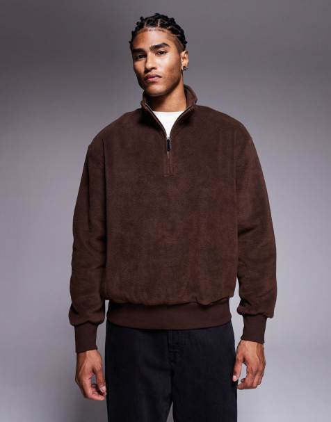 ASOS DESIGN oversized funnel neck quarter zip fleece sweatshirt in brown - view 1