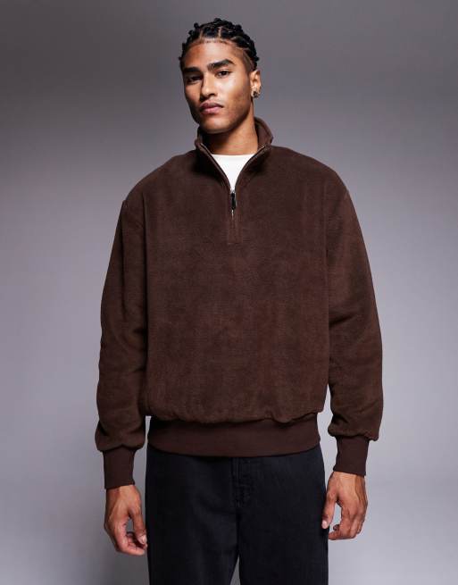 ASOS DESIGN oversized funnel neck quarter zip fleece sweatshirt in brown