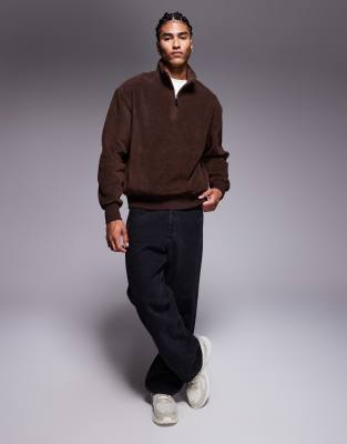 Asos Design Oversized Funnel Neck Quarter Zip Fleece Sweatshirt In Brown