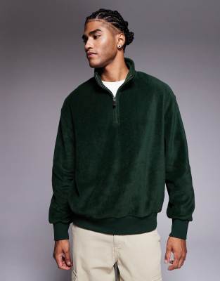 Asos Design Oversized Funnel Neck Quarter Zip Fleece Sweatshirt In Green
