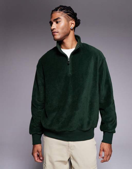 ASOS DESIGN oversized funnel neck quarter zip fleece sweatshirt in dark green