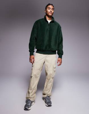 Asos Design Oversized Funnel Neck Quarter Zip Fleece Sweatshirt In Green
