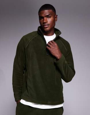 Asos Design Oversized Funnel Neck Quarter Zip Fleece Sweatshirt In Green