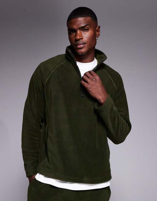 ASOS DESIGN oversized funnel neck quarter zip fleece sweatshirt in khaki green