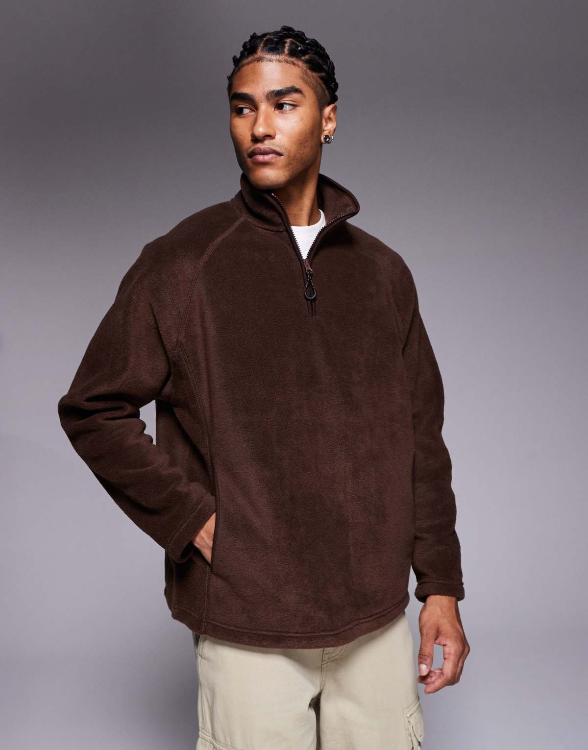 ASOS DESIGN oversized funnel neck quarter zip fleece sweatshirt in light brown