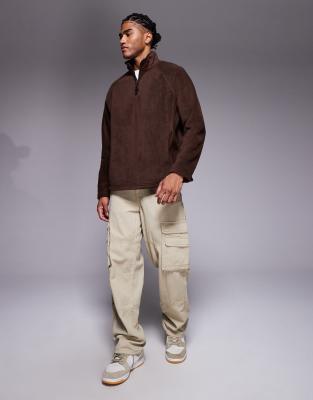 Asos Design Oversized Funnel Neck Quarter Zip Fleece Sweatshirt In Brown