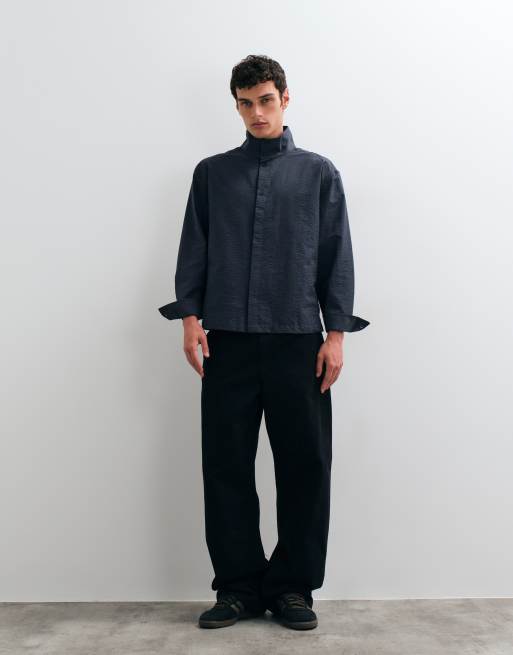 ASOS DESIGN oversized funnel neck shirt with placket detail in washed black, 4 of 5