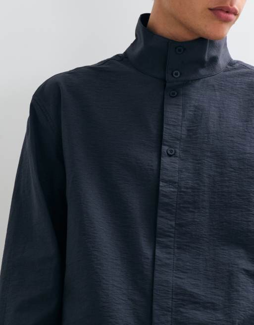 ASOS DESIGN oversized funnel neck shirt with placket detail in washed black, 5 of 5