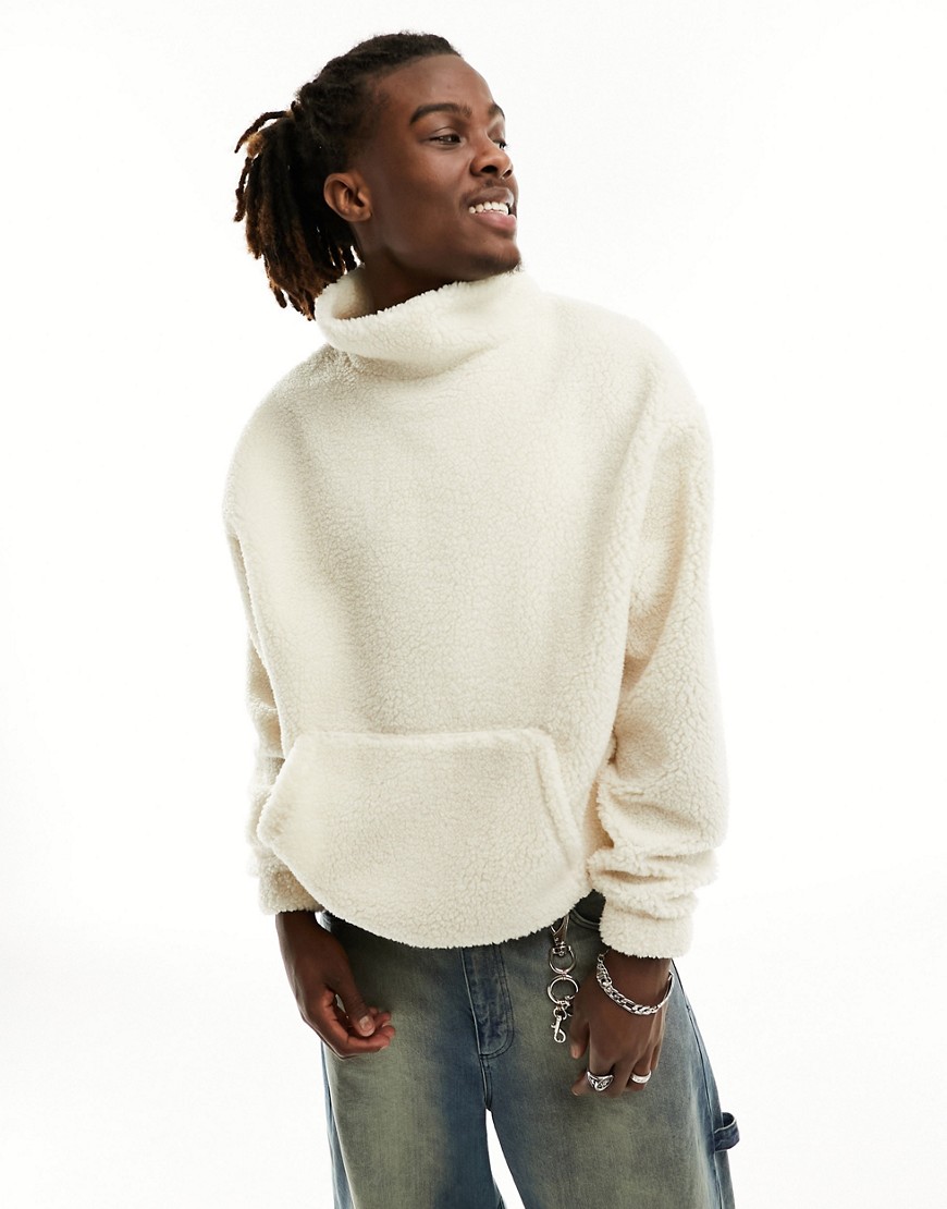 ASOS DESIGN oversized funnel neck sweat in ecru borg with front pocket detail-White