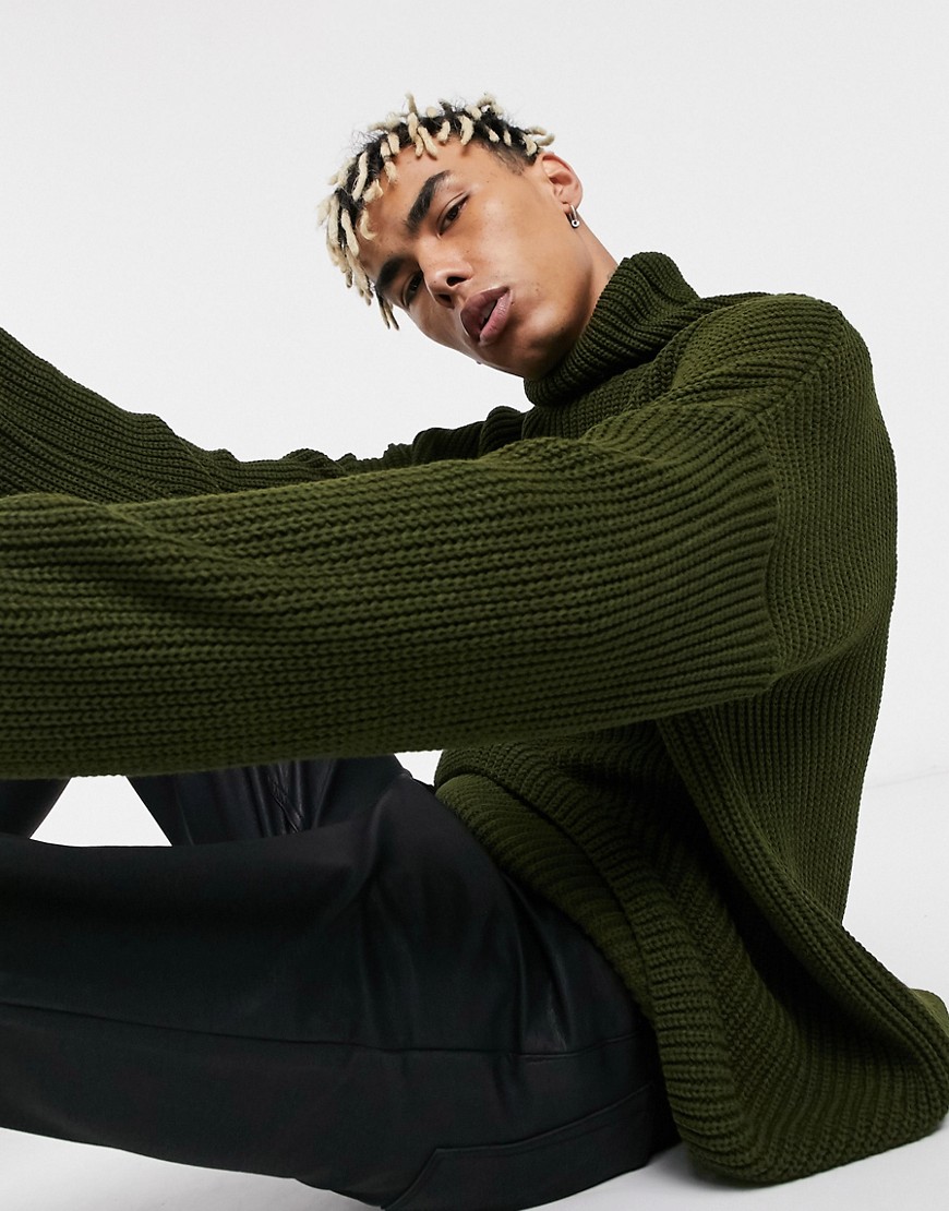 ASOS DESIGN oversized funnel neck sweater in khaki-Green