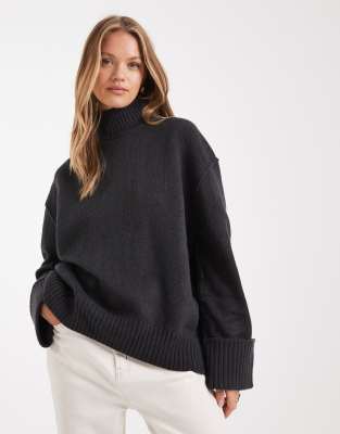 ASOS DESIGN oversized funnel neck sweater with curved hem in slate-Navy